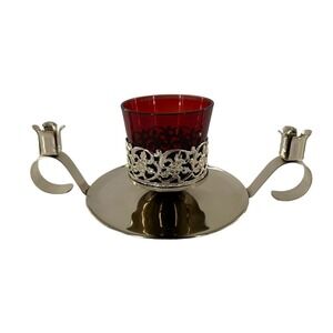 Hollywood Regency 2 Piece Ruby Red Glass Candle Holder Gold Base MCM Retro